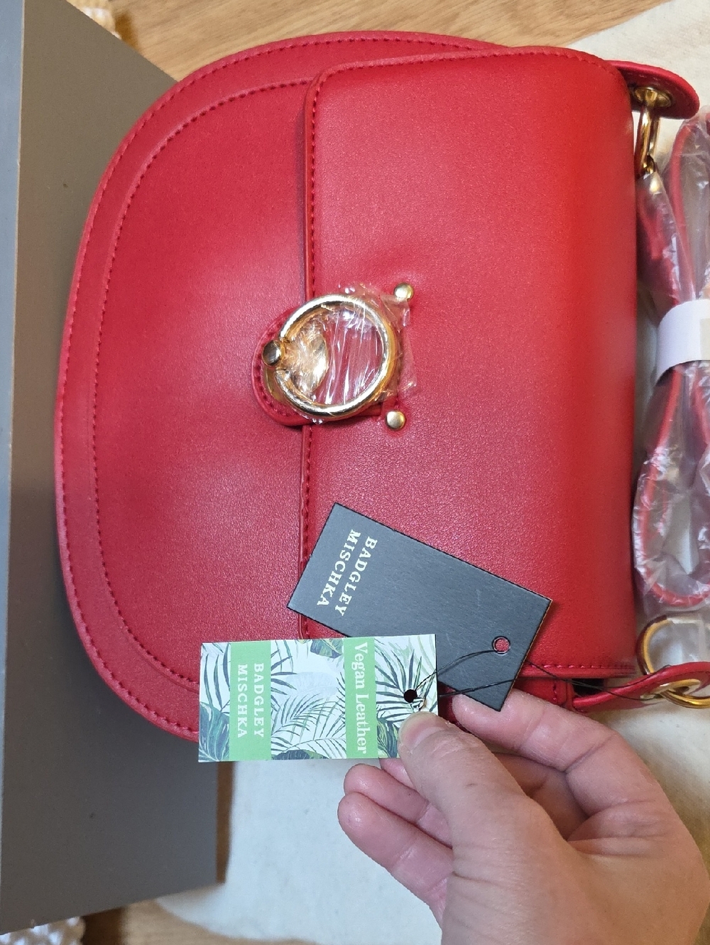 Badgley Mischka Red Vegan Leather Crossbody with Gold-Tone Ring Clasp